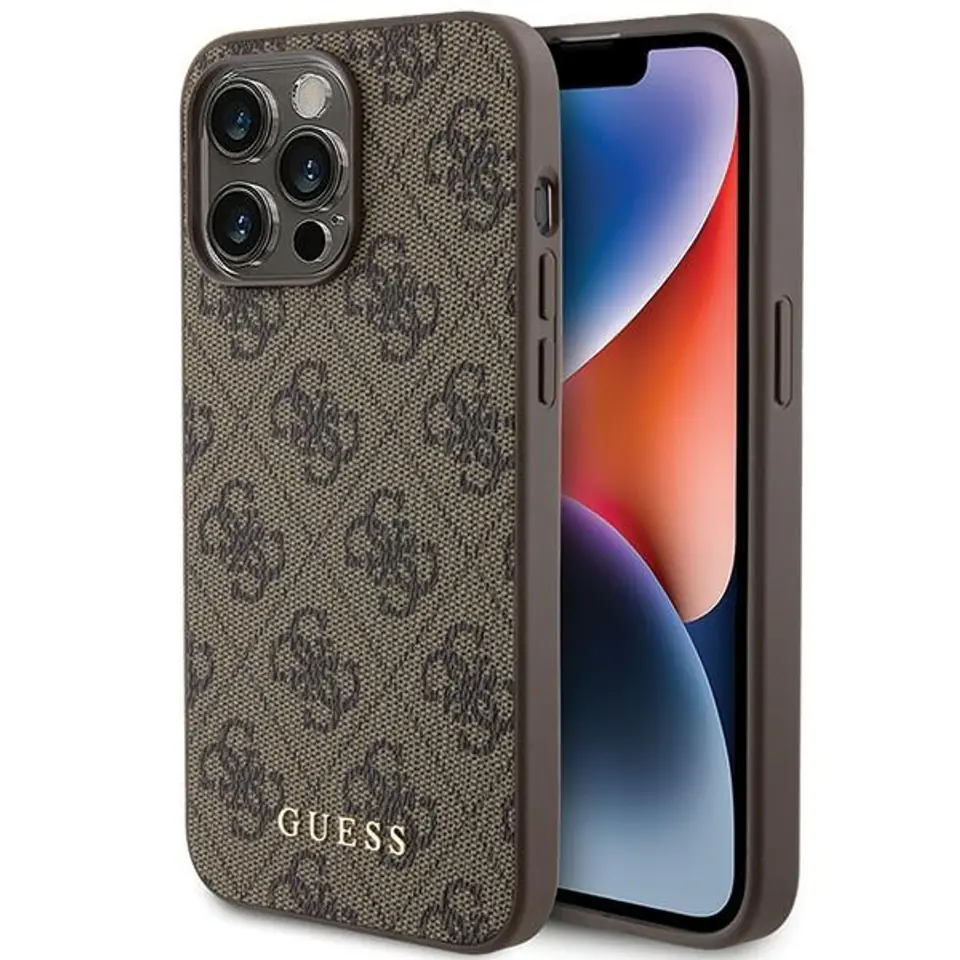 ⁨Guess GUHCP15XG4GFBR iPhone 15 Pro Max 6.7" brązowy/brown hard case 4G Metal Gold Logo⁩ w sklepie Wasserman.eu