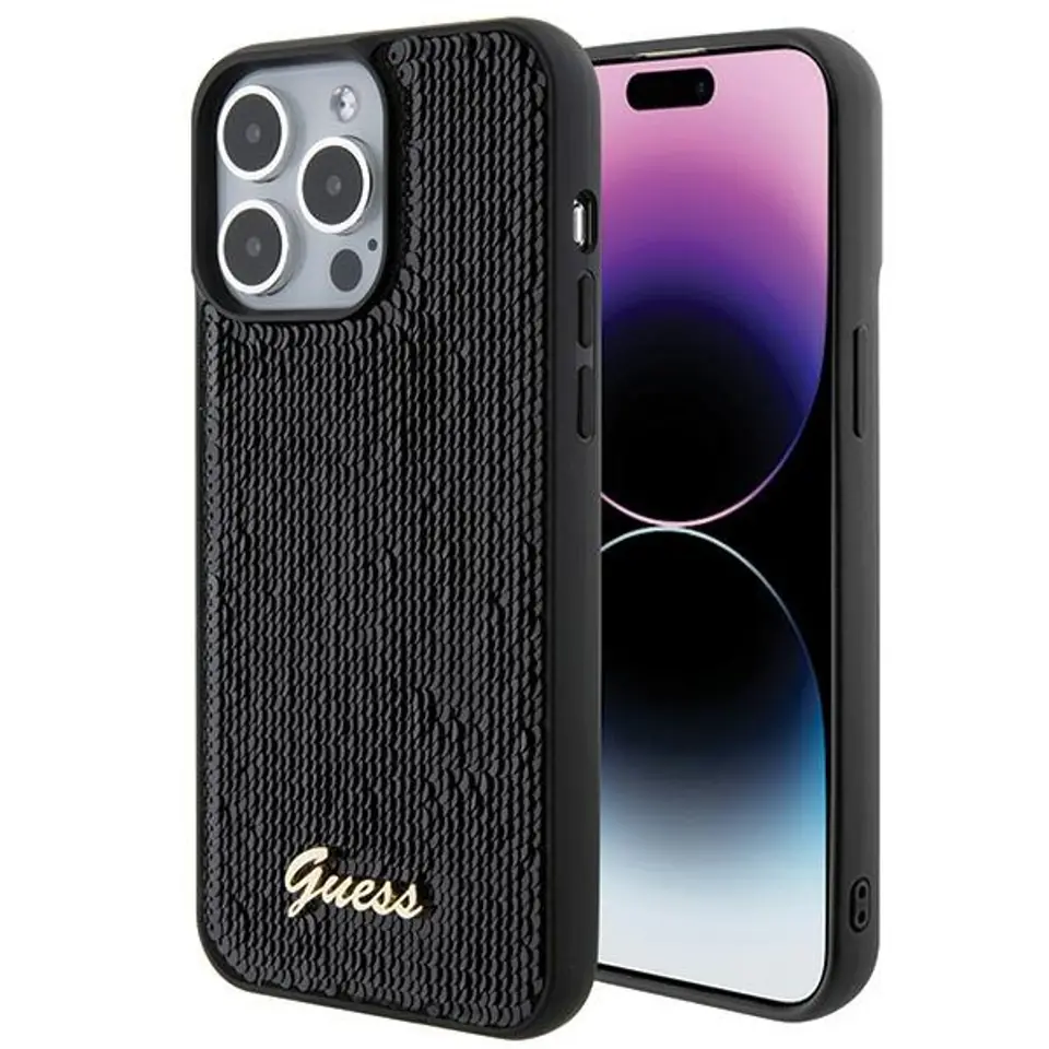 ⁨Guess GUHCP15XPSFDGSK iPhone 15 Pro Max 6.7" czarny/black hardcase Sequin Script Metal⁩ w sklepie Wasserman.eu