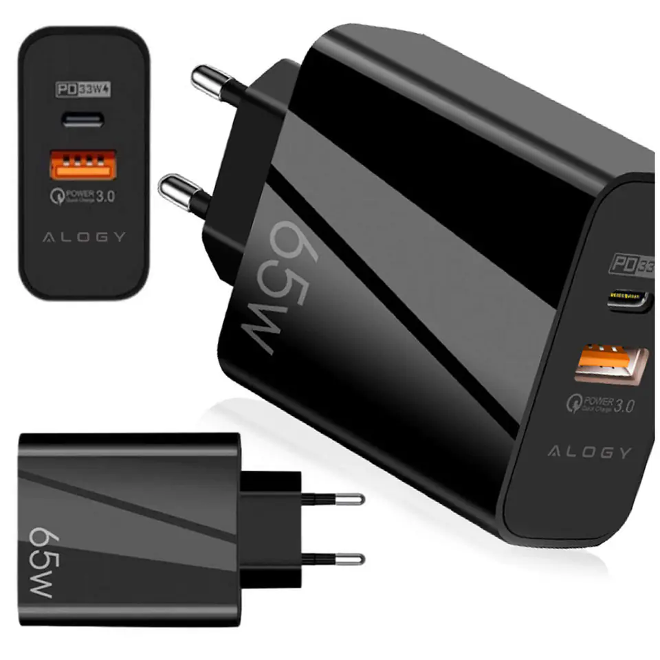 ⁨Ładowarka sieciowa szybka USB-A QC 3.0 Quick Charge + USB-C PD 33W 65W Alogy czarna⁩ w sklepie Wasserman.eu