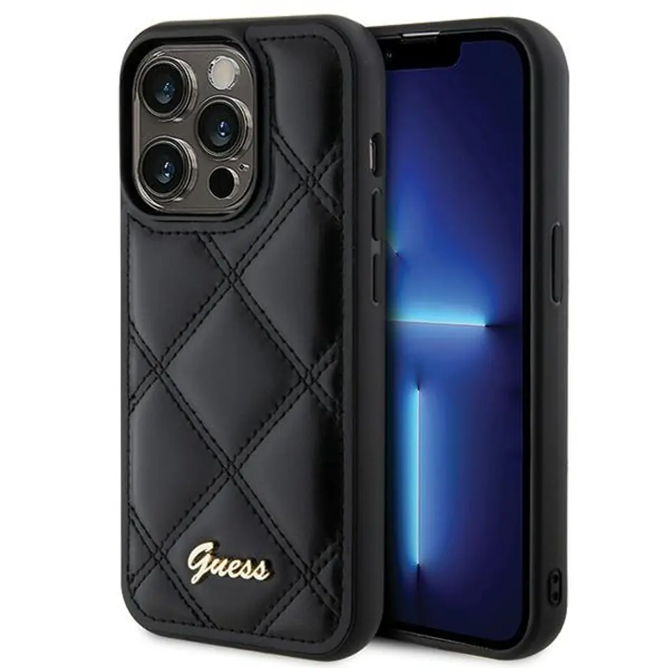 ⁨Guess GUHCP15LPSQSQSK iPhone 15 Pro 6.1" czarny/black hardcase Quilted Metal Logo⁩ w sklepie Wasserman.eu