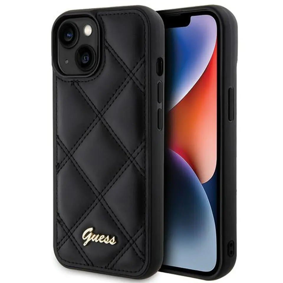 ⁨Guess GUHCP15SPSQSQSK iPhone 15 / 14 / 13 6.1" czarny/black hardcase Quilted Metal Logo⁩ w sklepie Wasserman.eu