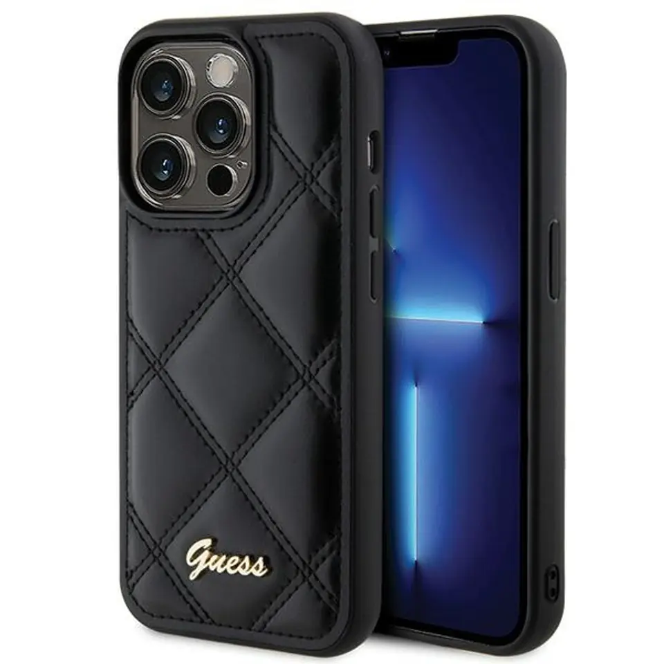 ⁨Guess GUHCP15XPSQSQSK iPhone 15 Pro Max 6.7" czarny/black hardcase Quilted Metal Logo⁩ w sklepie Wasserman.eu