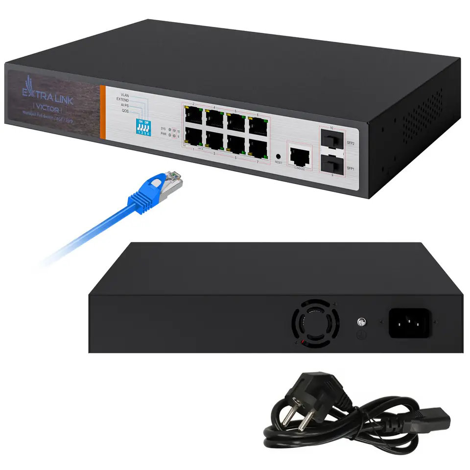 ⁨EXTRALINK VICTOR EX-2500G-10MPS FULL GIGABIT MANAGED POE SWITCH 8X 10/100/1000M TX WITH POE AT/AF 48V, 1 CONSOLE PORT, 2X GE SFP ,150W⁩ w sklepie Wasserman.eu