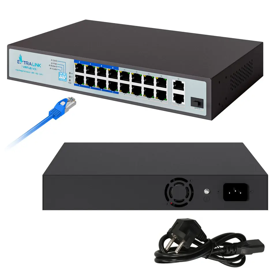 ⁨EXTRALINK VIRTUS V3 16xFE, 2xGE, 1xSFP, 16xPoE, 250M PoE, FAST ETHERNET UNMANAGED, 802.3AF/AT PoE SWITCH, POWER SUPPLY 150W, RACK⁩ w sklepie Wasserman.eu