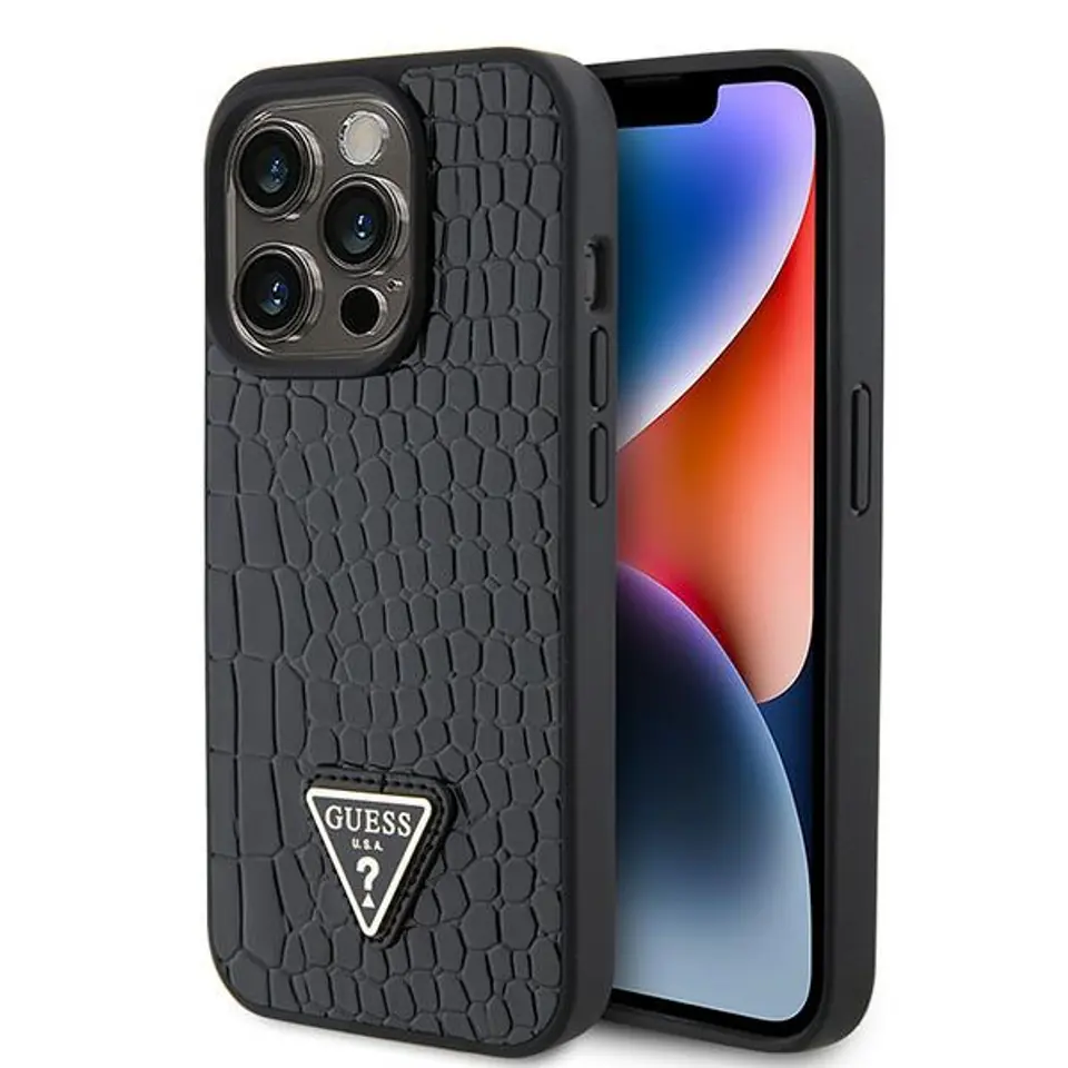 ⁨Guess GUHCP15LPCRTHCK iPhone 15 Pro 6.1" czarny/black hardcase Croco Triangle Metal Logo⁩ w sklepie Wasserman.eu