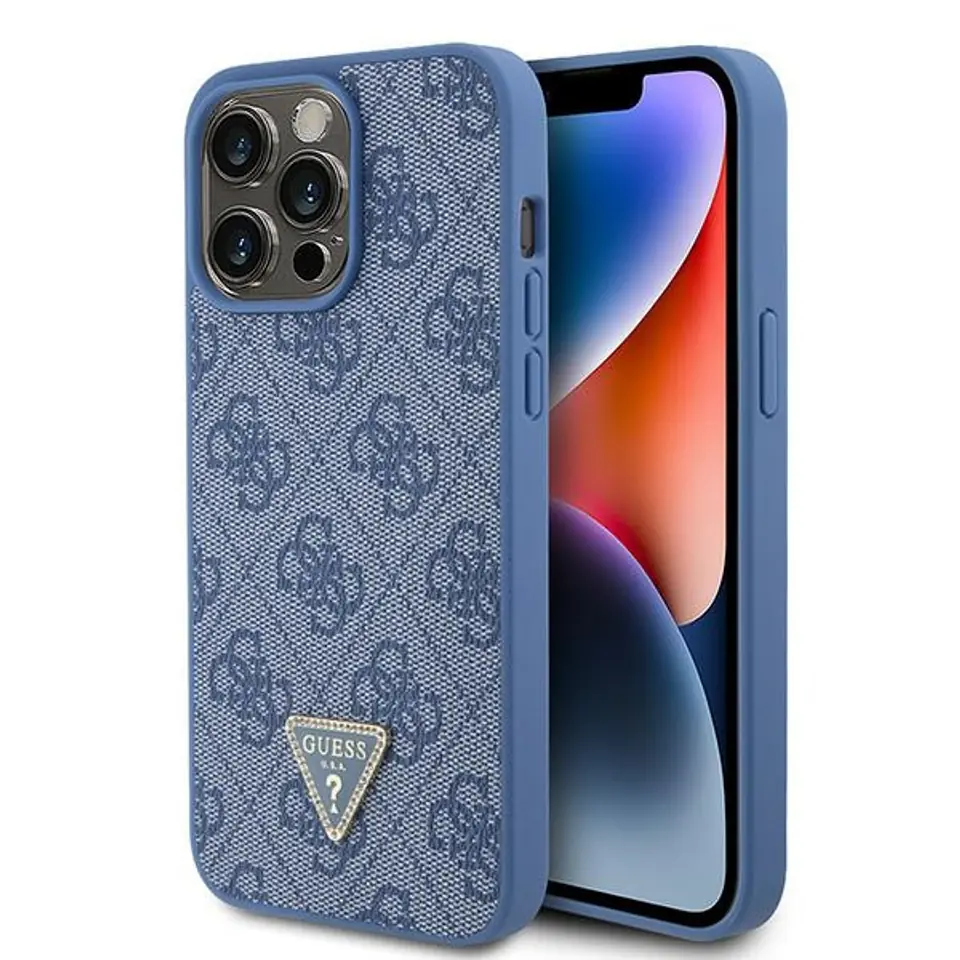 ⁨Guess GUHCP15XP4TDPB iPhone 15 Pro Max 6.7" niebieski/blue hardcase Leather 4G Triangle Strass⁩ w sklepie Wasserman.eu