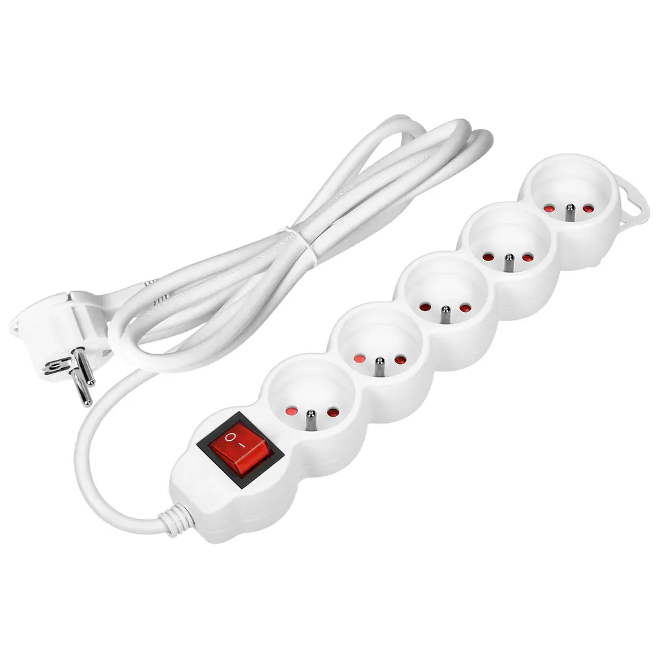 ⁨Przedłużacz 5-krotny 2P+Z, z wyłącznikiem, 3m H05VV-F 3x1,5mm2, Imax=16A, płaska wtyczka, biały⁩ w sklepie Wasserman.eu