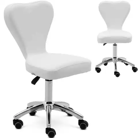 ⁨Krzesło kosmetyczne obrotowe z oparciem na kółkach 49-63 cm PULLY - białe⁩ w sklepie Wasserman.eu