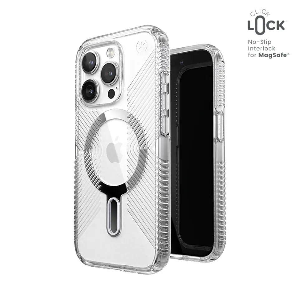 ⁨Speck Presidio Perfect-Clear Grip ClickLock & MagSafe - Etui iPhone 15 Pro (Clear / Chrome Finish / Serene Silver)⁩ w sklepie Wasserman.eu