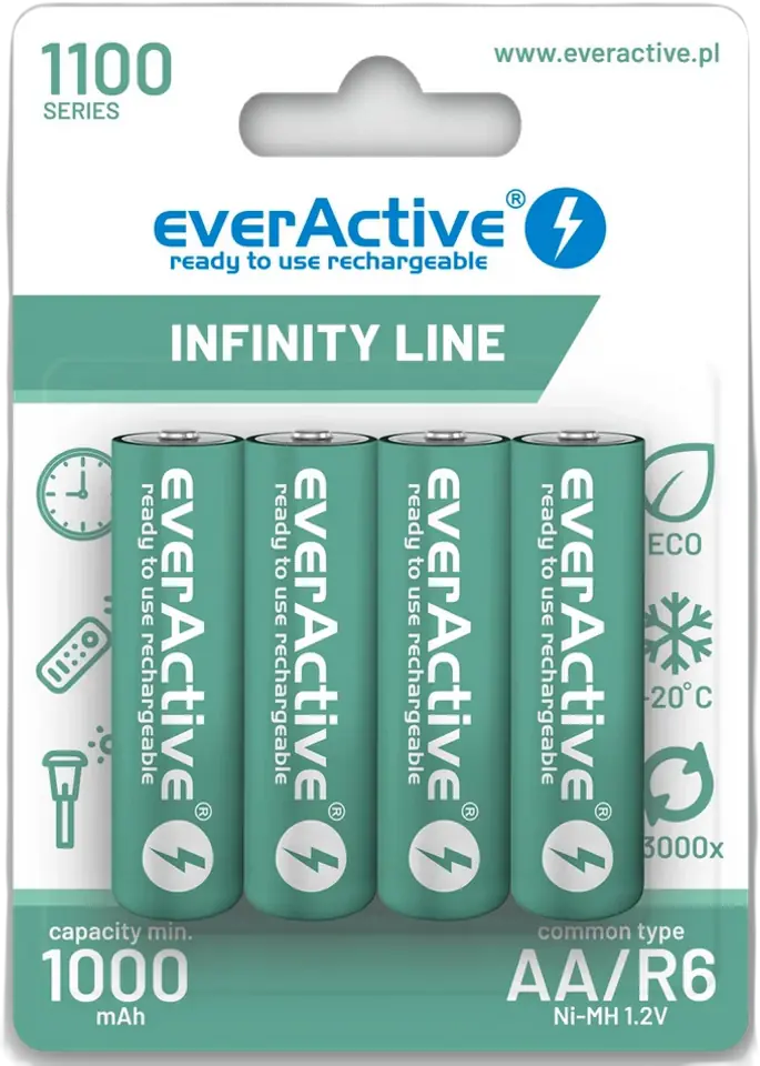 ⁨Akumulatorki AA / R06 Ni-MH everActive 1100mAh Infinity Line 3000 cykli (blister 4 szt.)⁩ w sklepie Wasserman.eu