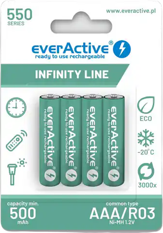 ⁨Akumulatorki AAA / R03 Ni-MH everActive 550mAh Infinity Line 3000 cykli (blister 4 szt.)⁩ w sklepie Wasserman.eu