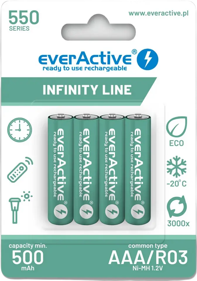 ⁨Akumulatorki AAA / R03 Ni-MH everActive 550mAh Infinity Line 3000 cykli (blister 4 szt.)⁩ w sklepie Wasserman.eu