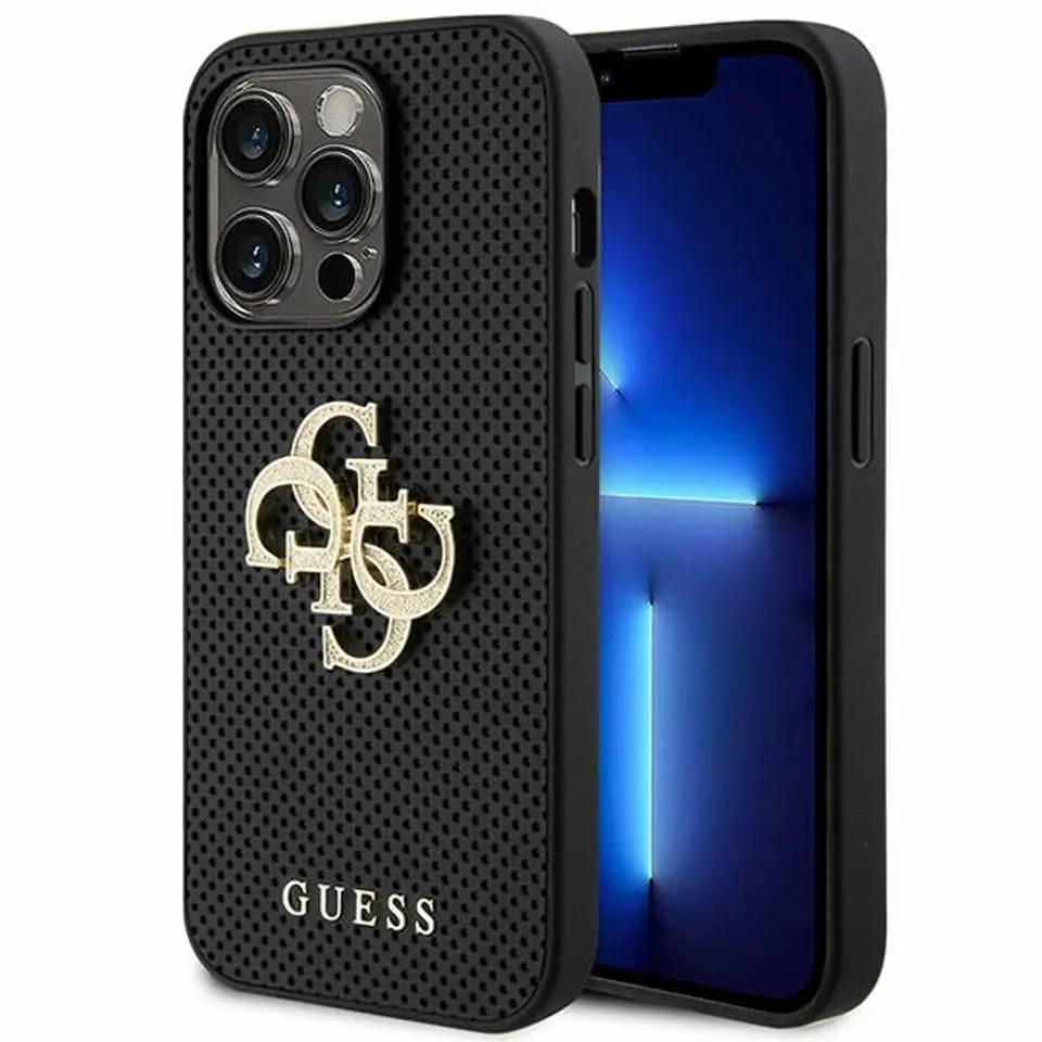 ⁨Guess GUHCP15XPSP4LGK iPhone 15 Pro Max 6.7" czarny/black hardcase Leather Perforated 4G Glitter Logo⁩ w sklepie Wasserman.eu