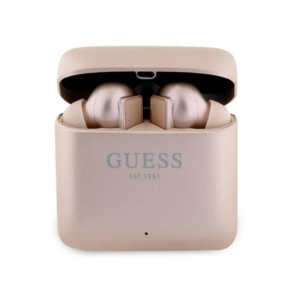 ⁨Guess słuchawki Bluetooth GUTWSSU20ALEGP TWS + stacja dokująca różowo złoty/rose gold Printed Logo⁩ w sklepie Wasserman.eu