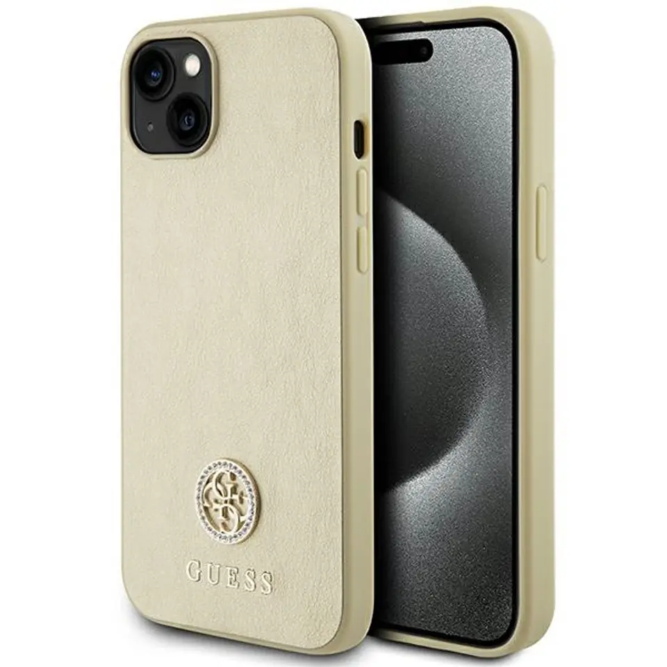 ⁨Guess GUHCP15SPS4DGPD iPhone 15 6.1" złoty/gold hardcase Leather 4G Metal Logo Strass⁩ w sklepie Wasserman.eu