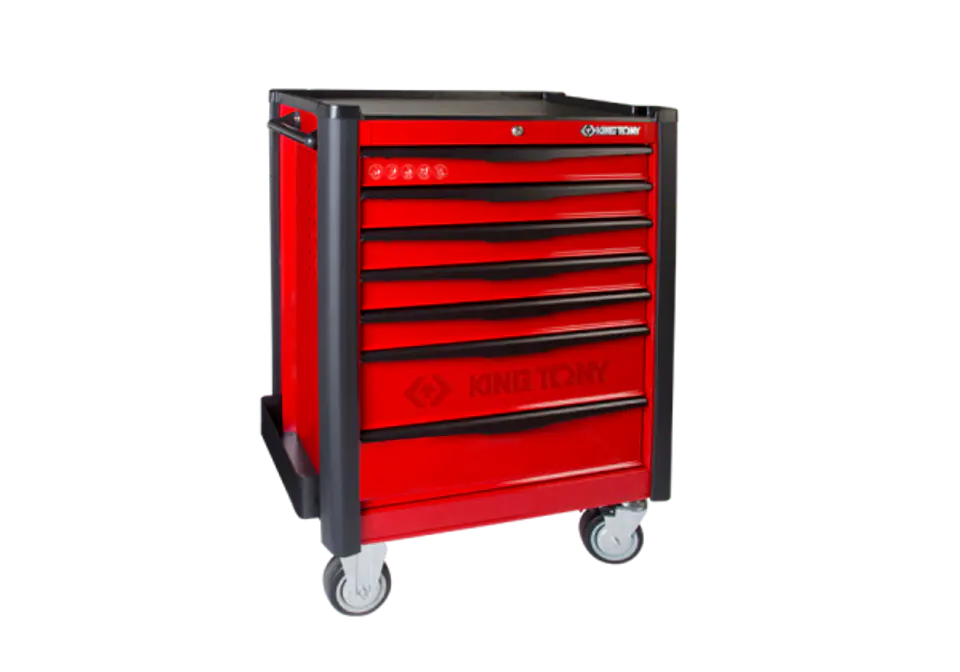 ⁨WÓZEK WARSZTATOWY Z PROTEKTORAMI 7 SZUFLAD (BEZ NARZĘDZI) - CZERWONY, PROWADNICE ŁOŻYSKOWANE King Tony⁩ w sklepie Wasserman.eu