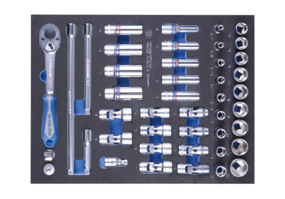 ⁨ZESTAW NASADEK 3/8" 44cz. KRÓTKIE 6-kąt.10-22mm,DŁUGIE 12-kąt. 8-19mm, Z AKCESORIAMI, WKŁAD Z PIANKI EVA DO WÓZKA King Tony⁩ w sklepie Wasserman.eu