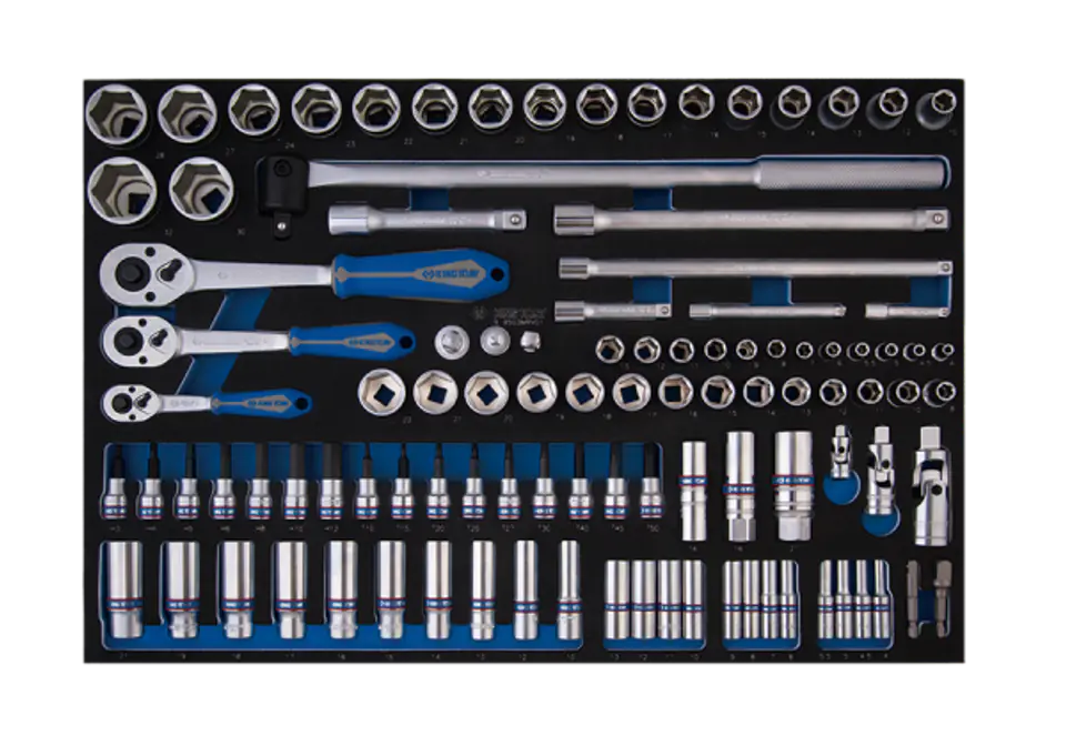 ⁨ZESTAW NASADEK 1/4"+3/8"+1/2" 103cz. 6-kąt. 4 - 32mm Z AKCESORIAMI, WKŁAD Z PIANKI, DO WÓZKA King Tony⁩ w sklepie Wasserman.eu