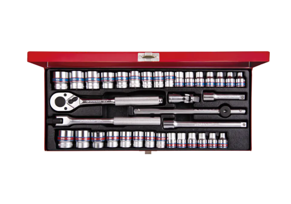 ⁨ZESTAW NASADEK 3/8" CALOWE I METRYCZNE 36cz. KRÓTKIE, 12-kąt. 6 - 22mm, 1/4 - 13/16" Z GRZECHOTKĄ I AKCESORIAMI, KASETA King Tony⁩ w sklepie Wasserman.eu