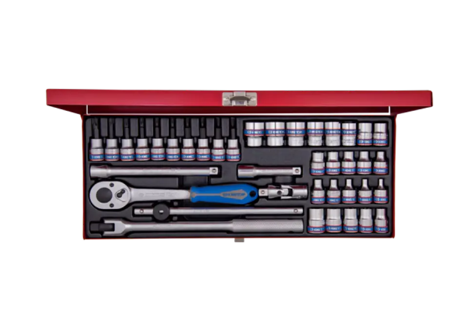 ⁨ZESTAW NARZĘDZI 3/8" 39cz. NASADKI KRÓTKIE 6-kąt. 6 - 19mm, E4 - E18, T8 - T45 Z GRZECHOTKĄ I AKCESORIAMI, KASETA King Tony⁩ w sklepie Wasserman.eu