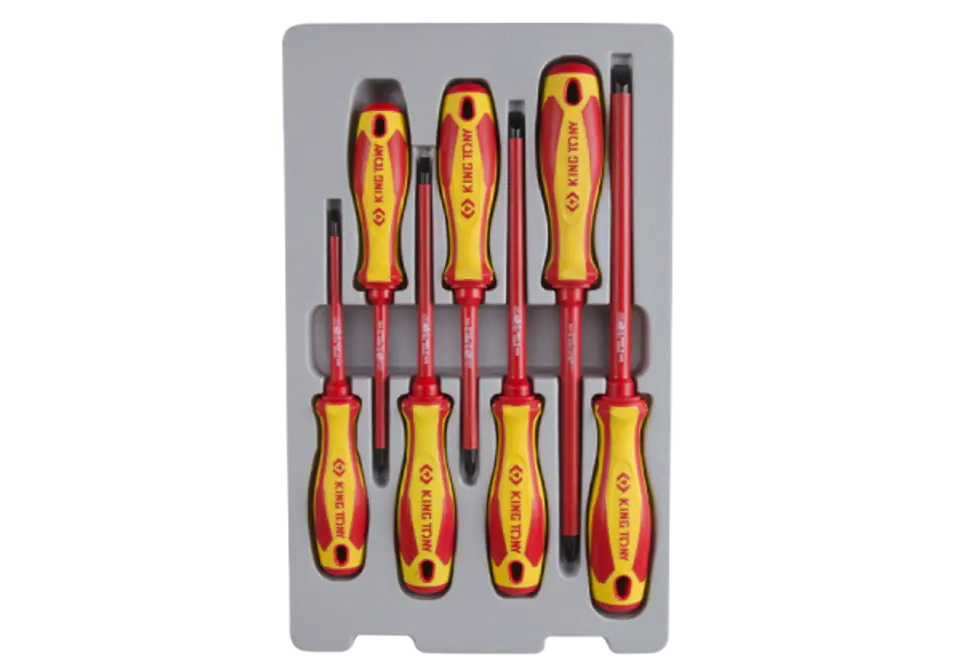⁨ZESTAW WKRĘTAKÓW IZOLOWANYCH 7cz. POZIDRIV PZ No.1x100, No.2x100, No.3x150, PŁASKIE 4x100, 5,5x125, 6,5x150, 8 King Tony⁩ w sklepie Wasserman.eu