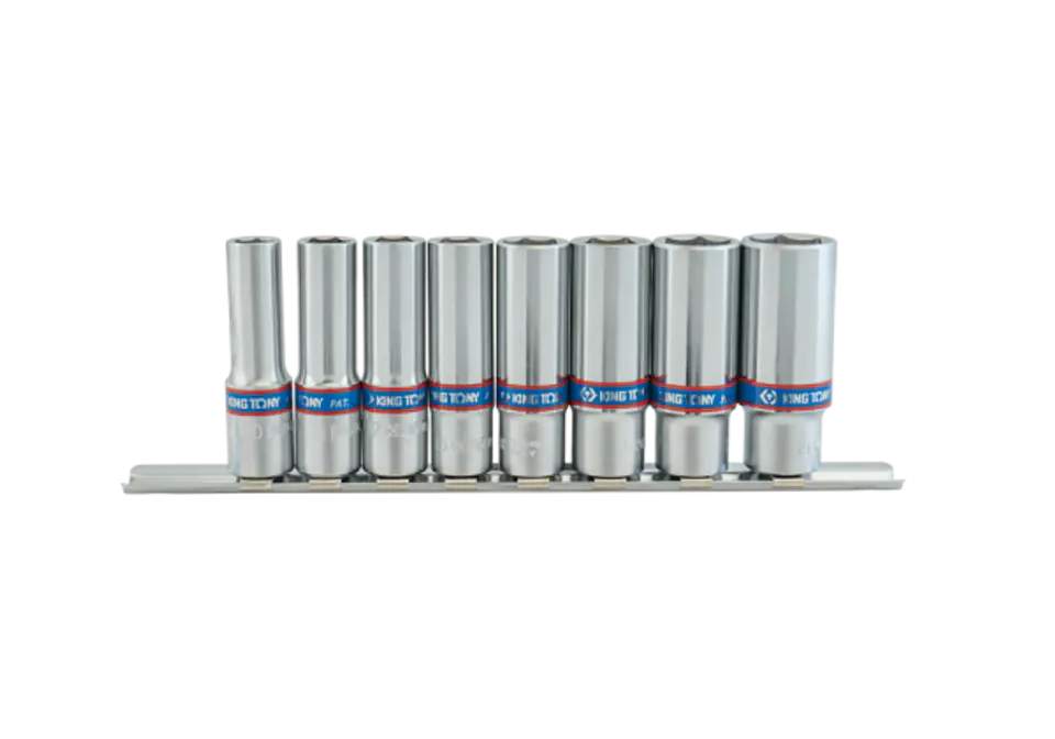 ⁨ZESTAW NASADEK 3/8" 8cz. DŁUGIE 6-kąt 10 - 19mm, ZESTAW NA SZYNIE King Tony⁩ w sklepie Wasserman.eu