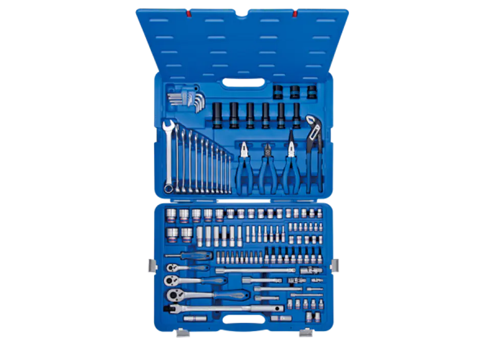 ⁨ZESTAW NASADEK 1/4"+3/8"+1/2" 119cz. 4 -32mm 6-kąt. Z AKCESORIAMI, CHROM+NARZĘDZIA UNIWERSALNE W WALIZCE PLAST. King Tony⁩ w sklepie Wasserman.eu