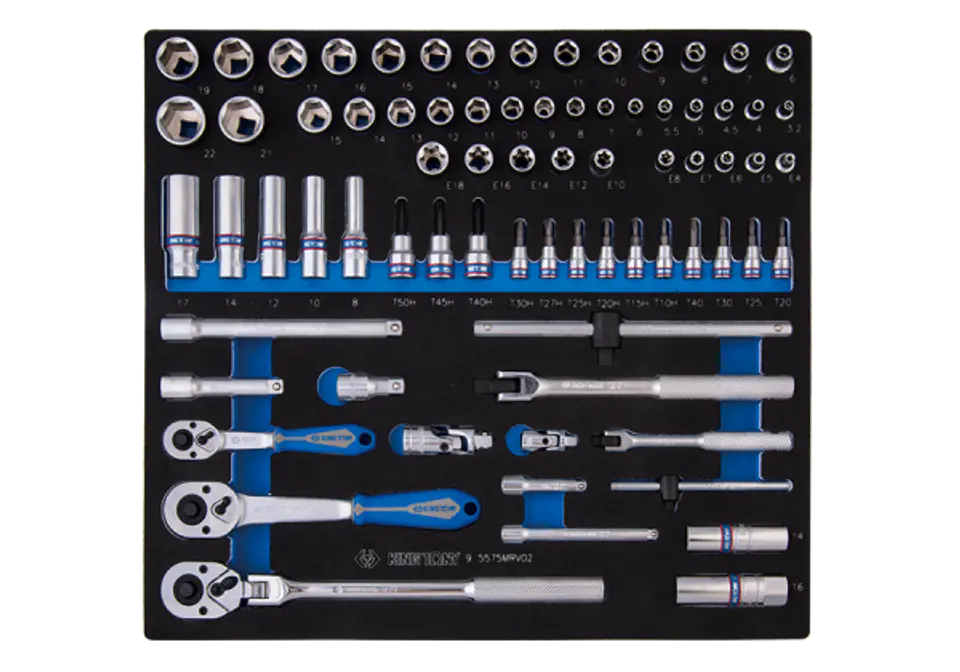 ⁨ZESTAW NASADEK 1/4" + 3/8" 75cz. KRÓTKIE/DŁUGIE, 6-kąt. 3.2 - 22mm Z AKCESORIAMI, WKŁAD Z PIANKI EVA DO WÓZKA King Tony⁩ w sklepie Wasserman.eu