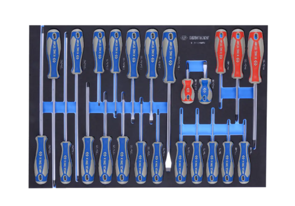 ⁨ZESTAW WKRĘTAKÓW 24 cz. KRZYŻAKI PH1 - PH3, PŁASKIE 3 - 10mm, TORX T6 - T30, WKŁAD Z PIANKI EVA DO WÓZKA King Tony⁩ w sklepie Wasserman.eu