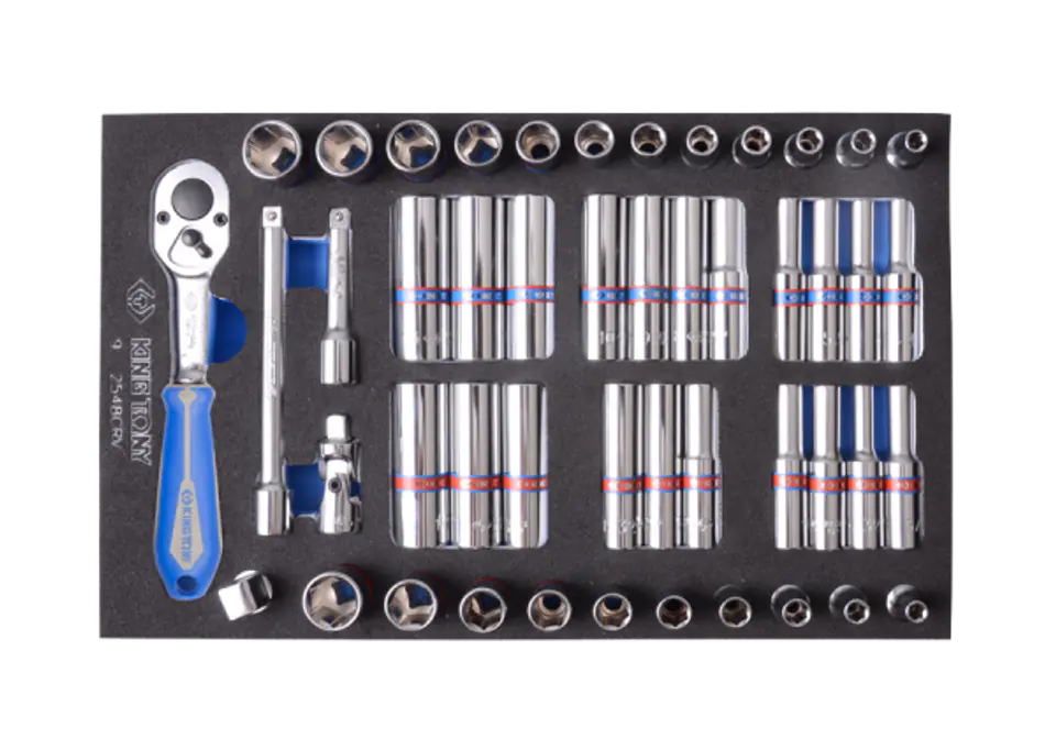 ⁨ZESTAW NASADEK 1/4" 48cz. KRÓTKIE/DŁUGIE, 6-kąt. 4 - 13mm, CALOWE 5/32"-1/2" Z AKCESORIAMI, WKŁAD Z PIANKI EVA DO WÓZKA King Tony⁩ w sklepie Wasserman.eu