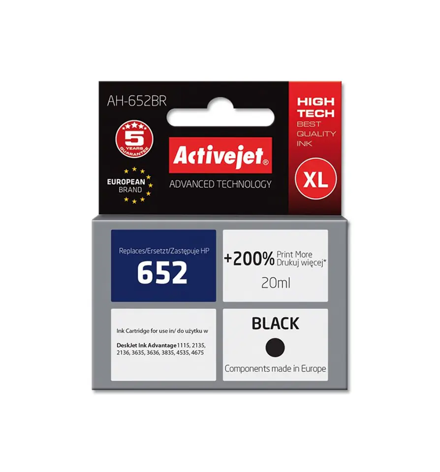 ⁨Activejet AH-652BR ink (replacement for HP 652 F6V25AE; Premium; 20 ml; black)⁩ at Wasserman.eu