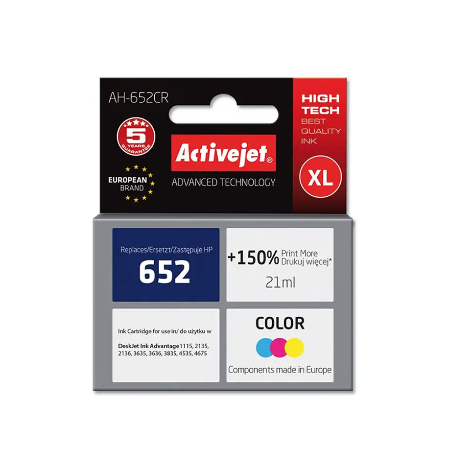 ⁨Activejet AH-652CR ink (replacement for HP 652 F6V24AE; Premium; 21 ml; color)⁩ at Wasserman.eu