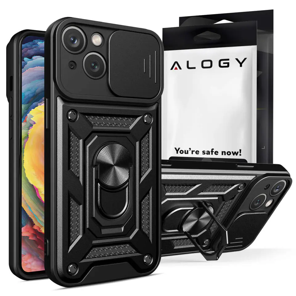 ⁨Etui pancerne do iPhone 15 Plus Camshield Case Ring Alogy Stand z osłonką na aparat slide czarne⁩ w sklepie Wasserman.eu