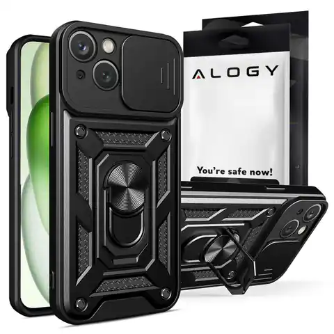 ⁨Etui pancerne do iPhone 15 Camshield Case Ring Alogy Stand z osłonką na aparat slide czarne⁩ w sklepie Wasserman.eu