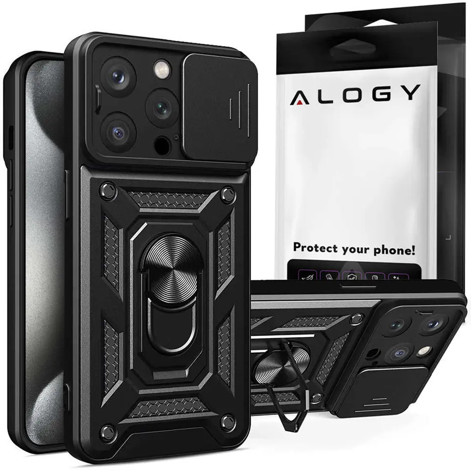 ⁨Etui pancerne do iPhone 15 Pro Max Camshield Case Ring Alogy Stand z osłonką na aparat slide czarne⁩ w sklepie Wasserman.eu