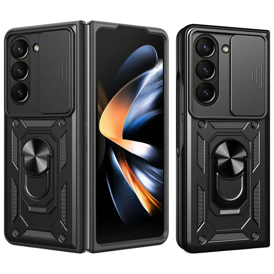 ⁨Etui pancerne do Galaxy Z Fold 5 Camshield Case Ring Alogy Stand z osłonką na aparat slide czarne⁩ w sklepie Wasserman.eu