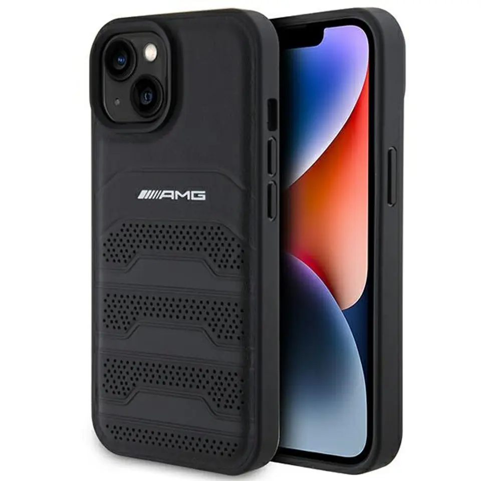 ⁨AMG AMHCP15SGSEBK iPhone 15 6,1" czarny/black hardcase Leather Debossed Lines⁩ w sklepie Wasserman.eu