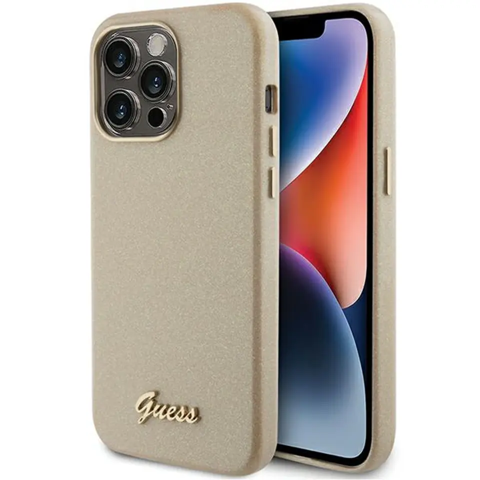 ⁨Guess GUHCP15XPGMCSD iPhone 15 Pro Max 6.7" złoty/light gold hardcase Glitter Glossy Script⁩ w sklepie Wasserman.eu