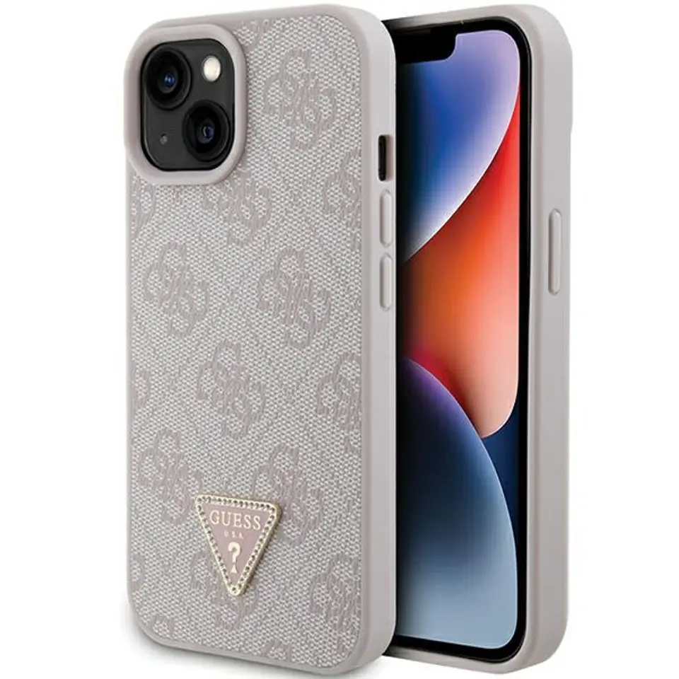 ⁨Guess GUHCP15SP4TDPP iPhone 15 6.1" różowy/pink hardcase Leather 4G Triangle Strass⁩ w sklepie Wasserman.eu