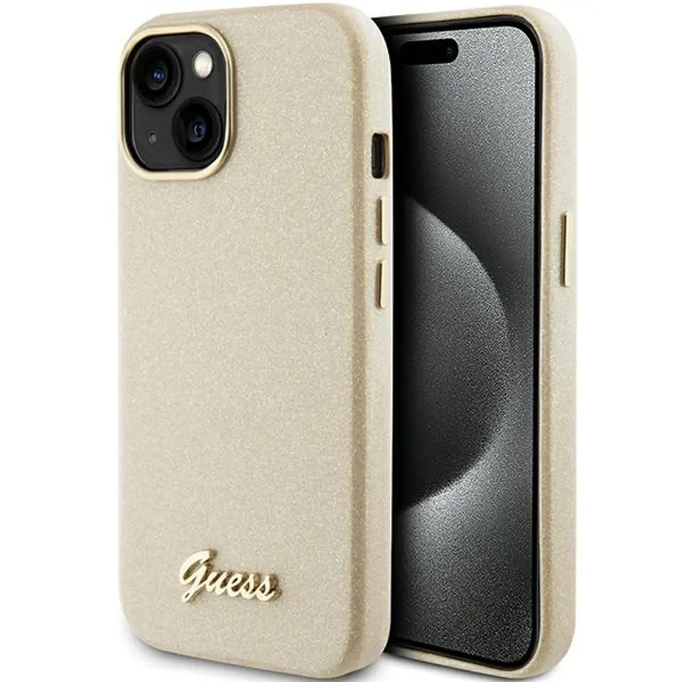 ⁨Guess GUHCP15SPGMCSD iPhone 15 6.1" złoty/light gold hardcase Glitter Glossy Script⁩ w sklepie Wasserman.eu