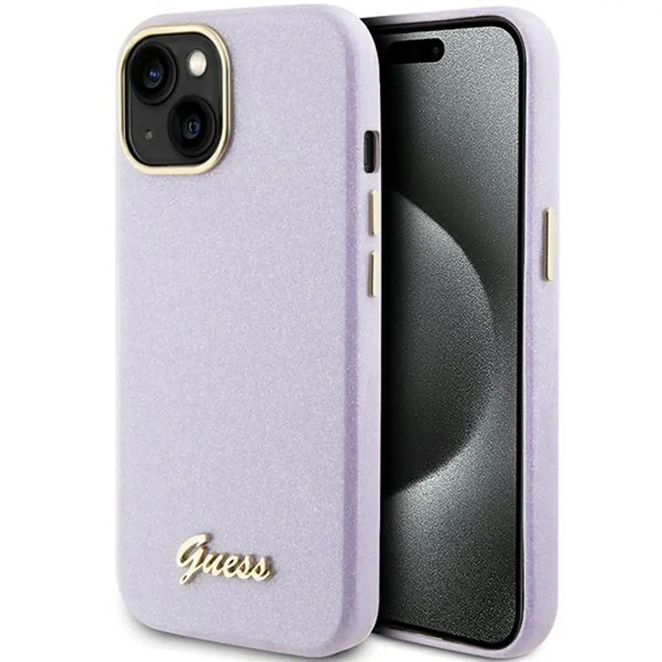 ⁨Guess GUHCP15SPGMCSL iPhone 15 6.1" liliowy/lilac hardcase Glitter Glossy Script⁩ w sklepie Wasserman.eu