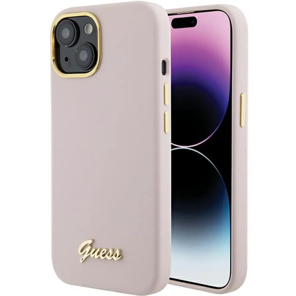 ⁨Guess GUHCP15SSMBSLP iPhone 15 6.1" różowy/pink hardcase Silicone Script Metal Logo & Frame⁩ w sklepie Wasserman.eu