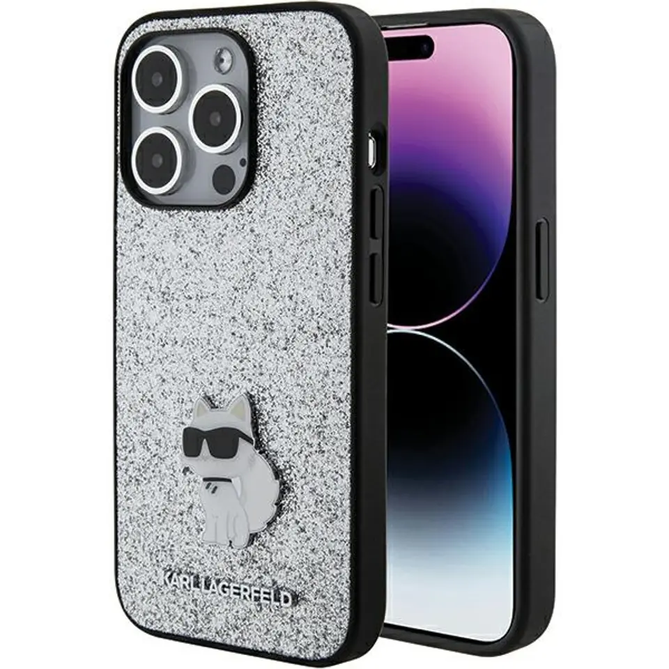 ⁨Karl Lagerfeld KLHCP15XGCNPSG iPhone 15 Pro Max 6.7" srebrny/silver hardcase Fixed Glitter Choupette Logo Metal Pin⁩ w sklepie Wasserman.eu