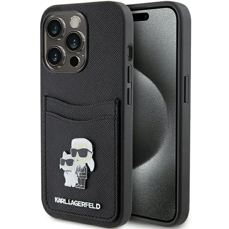 ⁨Karl Lagerfeld KLHCP15LSAPKCNPK iPhone 15 Pro 6.1" czarny/black hardcase Saffiano Cardslot Karl&Choupette Metal Pin⁩ w sklepie Wasserman.eu