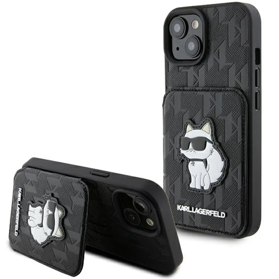 ⁨Karl Lagerfeld KLHCP15SSAKCNSCK iPhone 15 6.1" czarny/black hardcase Saffiano Cardslots and Stand Monogram Choupette⁩ w sklepie Wasserman.eu