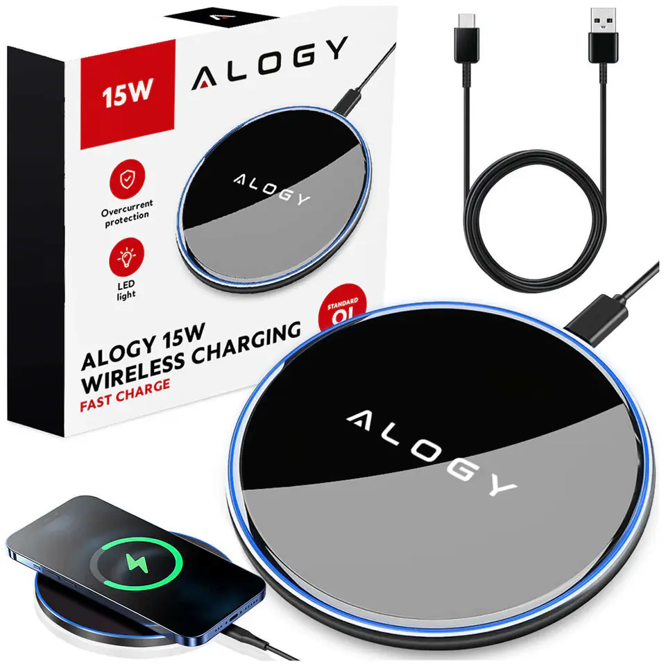 ⁨Ładowarka indukcyjna QI bezprzewodowa 15W szybka LED Alogy okrągła do iPhone + kabel USB-C Czarna⁩ w sklepie Wasserman.eu