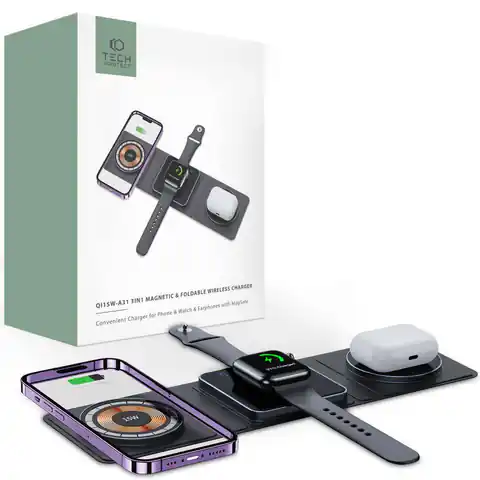 ⁨Ładowarka Bezprzewodowa MagSafe 3w1 15W Smartfon + Apple Watch + AirPods Tech-Protect QI15W-A31 czarna⁩ w sklepie Wasserman.eu