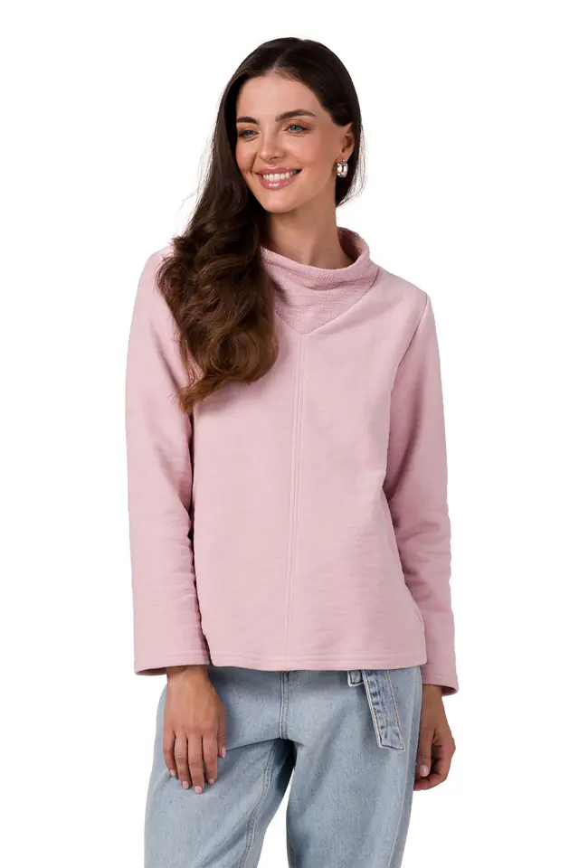 ⁨B268 Bluza z wysokim kołnierzem - pudrowa (kolor pudrowy róż, rozmiar L)⁩ w sklepie Wasserman.eu