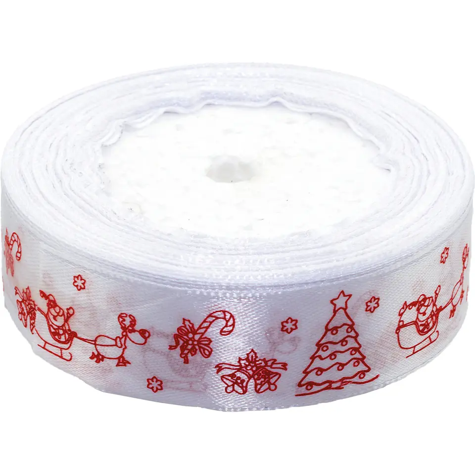 ⁨Wstążka satynowa Boże Narodzenie 25mm/22m biała WSX25-12 BREWIS⁩ w sklepie Wasserman.eu