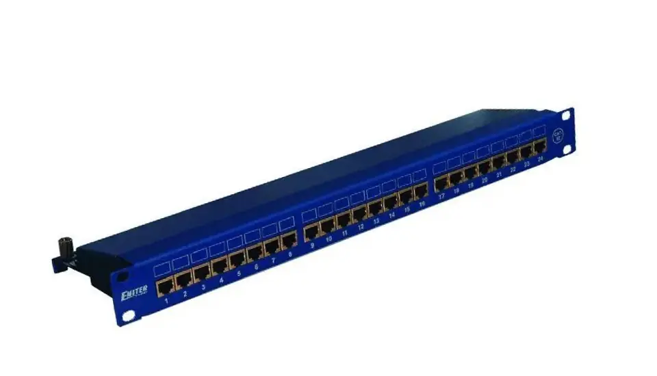 ⁨EMITERNET Panel 19", 24xRJ45 STP cat.6 (1U) with shelf, blue DCN/PPFA674EKS248C6⁩ at Wasserman.eu